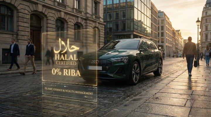 Halal finance cars options in UK and Europe: Modern Islamic banking solutions for Sharia-compliant vehicle purchase through Murabaha or Ijara models.