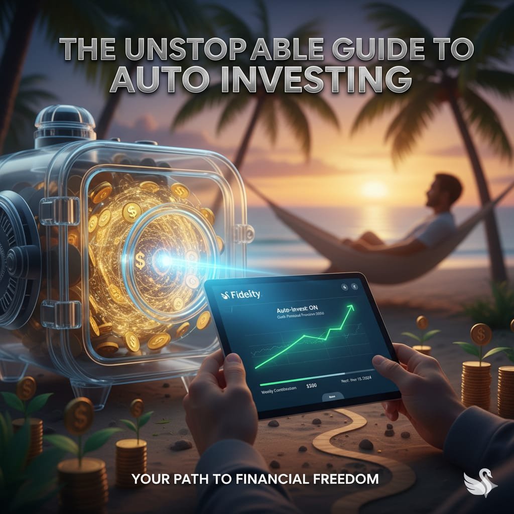 auto investing fidelity, unstoppable guide to auto investing, automated investment growth chart, fidelity auto-invest screen, financial freedom beach setting