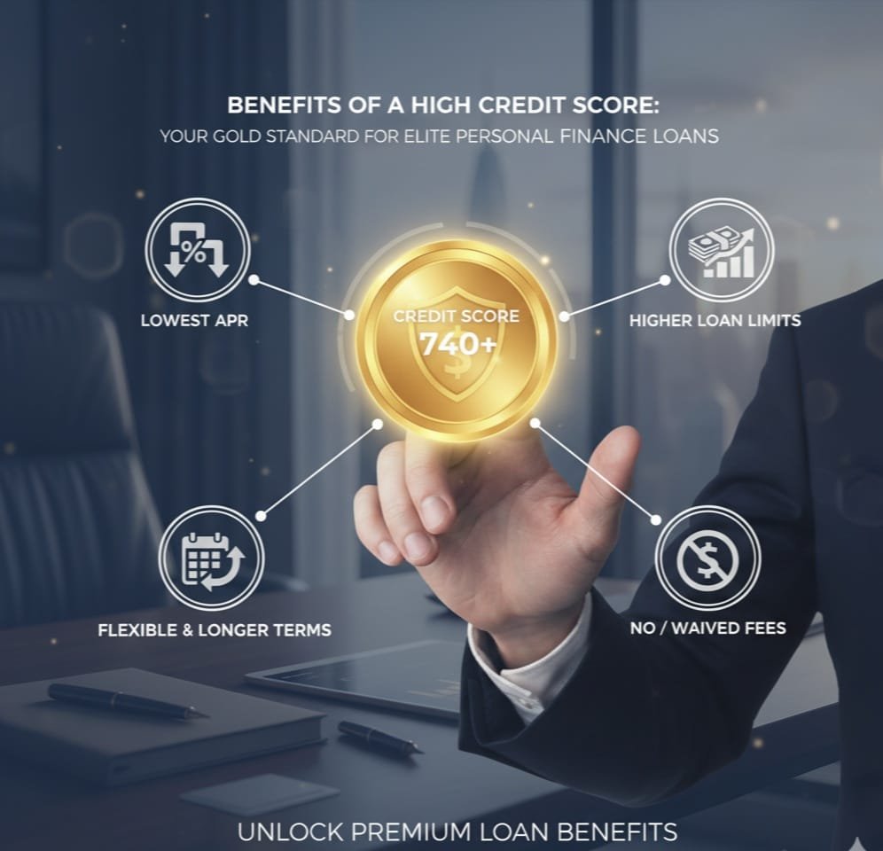 Infographic showing a gold coin labeled 'Credit Score 740+' at the center, surrounded by icons representing key benefits of high credit for an Elite personal finance loan: Lowest APR, Higher Loan Limits, Flexible & Longer Terms, and No/Waived Fees. Text: 'Benefits of a High Credit Score: Your Gold Standard for Elite Personal Finance Loans. Unlock Premium Loan Benefits.'"