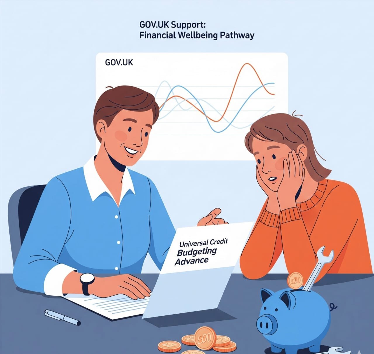 Illustration of a financial advisor helping a client with Universal Credit Budgeting Advance application 2025, with British pounds on the desk.