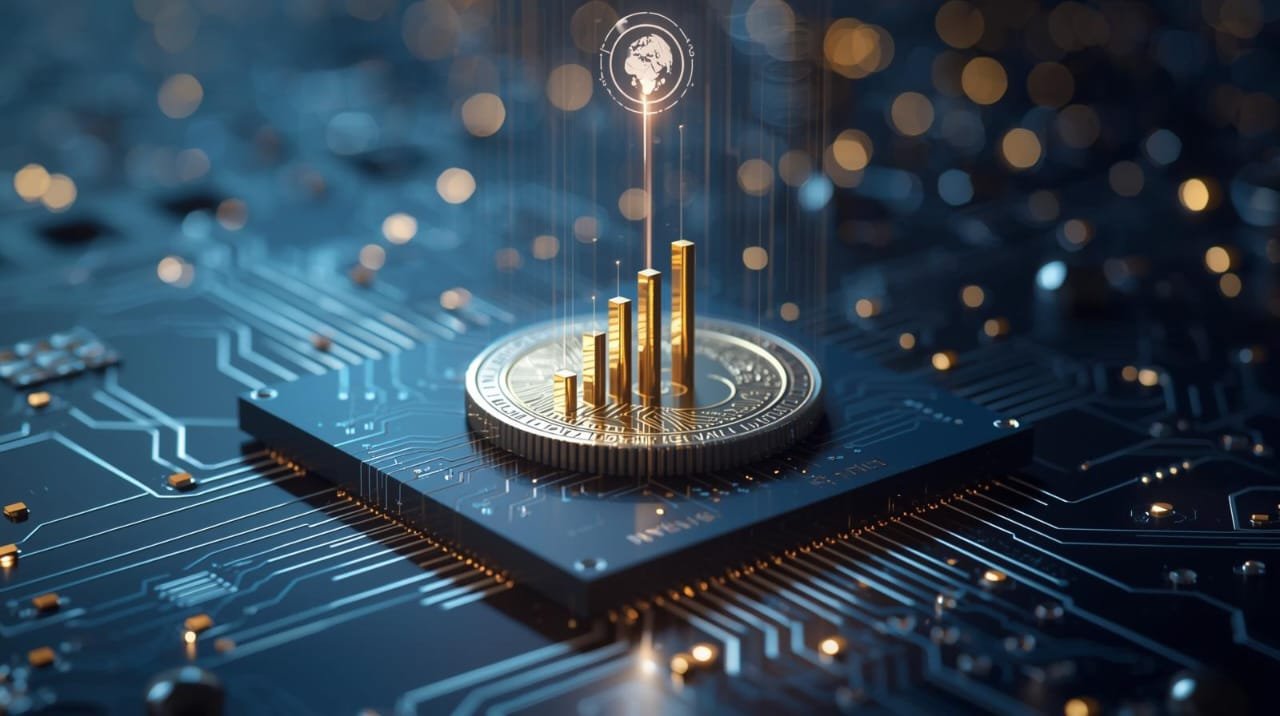 CRCL stock future: Futuristic 3D render of a shining USDC coin on a circuit board, symbolizing Circle Internet Group's stability and growth in the digital finance market.