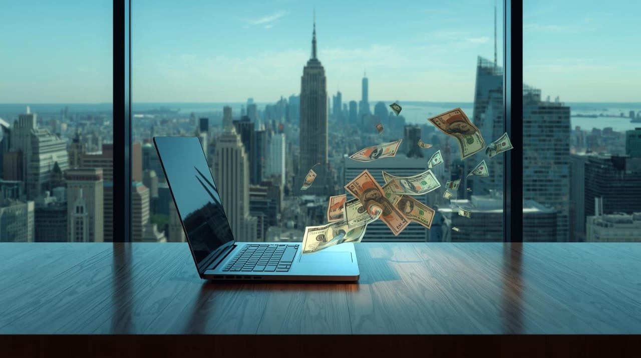 Earn money easy way remotely with a laptop overlooking a modern city skyline.