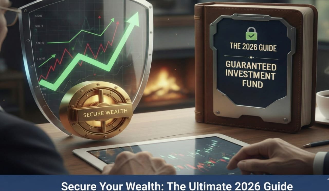 Guaranteed Investment Fund 2025 guide book with security shield and rising stock market chart