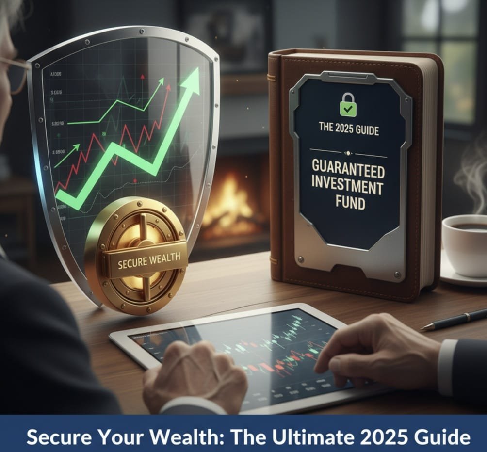 Guaranteed Investment Fund 2025 guide book with security shield and rising stock market chart