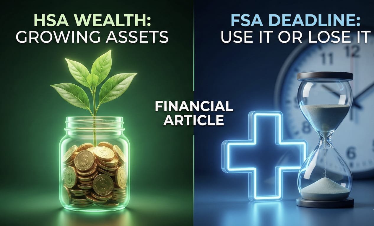 HSA vs FSA comparison illustration showing wealth growth with gold coins versus FSA use-it-or-lose-it deadline with an hourglass.