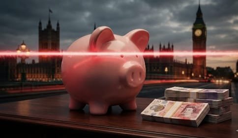Illustration of a piggy bank with a red laser line representing Rachel Reeves cash ISA changes and the new £12,000 limit, set against the Houses of Parliament."