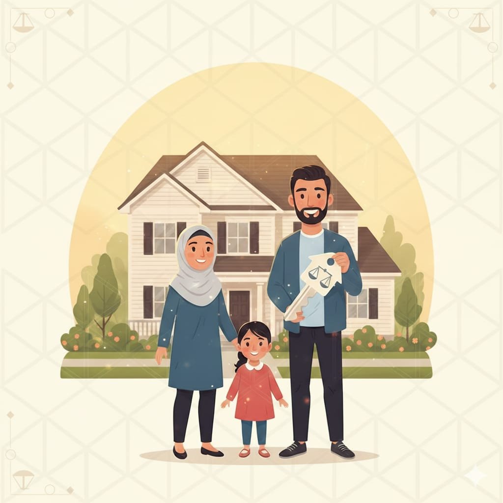 Islamic loan USA: Family celebrating ethical home ownership with a Halal mortgage in a modern American suburban house.