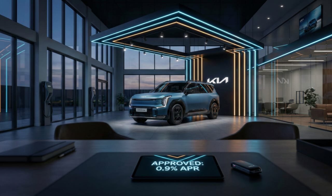 2025 Kia EV9 GT-Line at dealership with Kia finance approved 0.9% APR offer displayed on tablet
