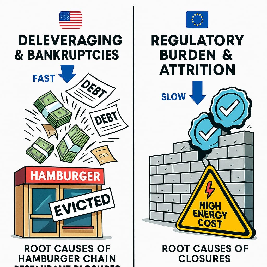 Infographic comparing US and European hamburger chain restaurant closures, showing US rapid bankruptcy (Deleveraging) versus EU slow attrition (Regulatory Burden).
