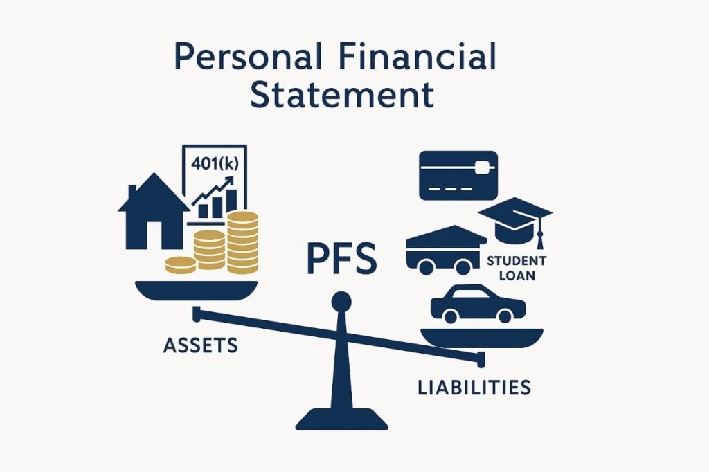 Personal Financial Statement template (PFS) balance scale showing Assets (Home, 401k, Cash) outweighing Liabilities (Credit Card, Student Loan).