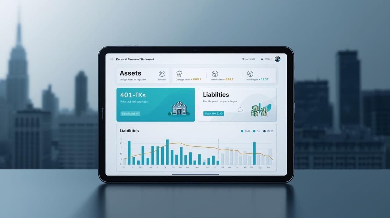 Personal Financial Statement Template dashboard on tablet tracking 401k and liabilities over US skyline.