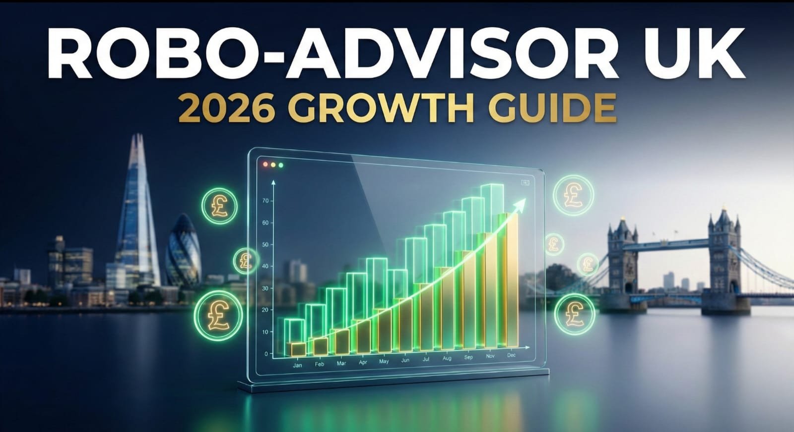 UK Robo-Advisor Market 2026 Growth Guide featured image showing upward green financial chart and Pound Sterling symbols.