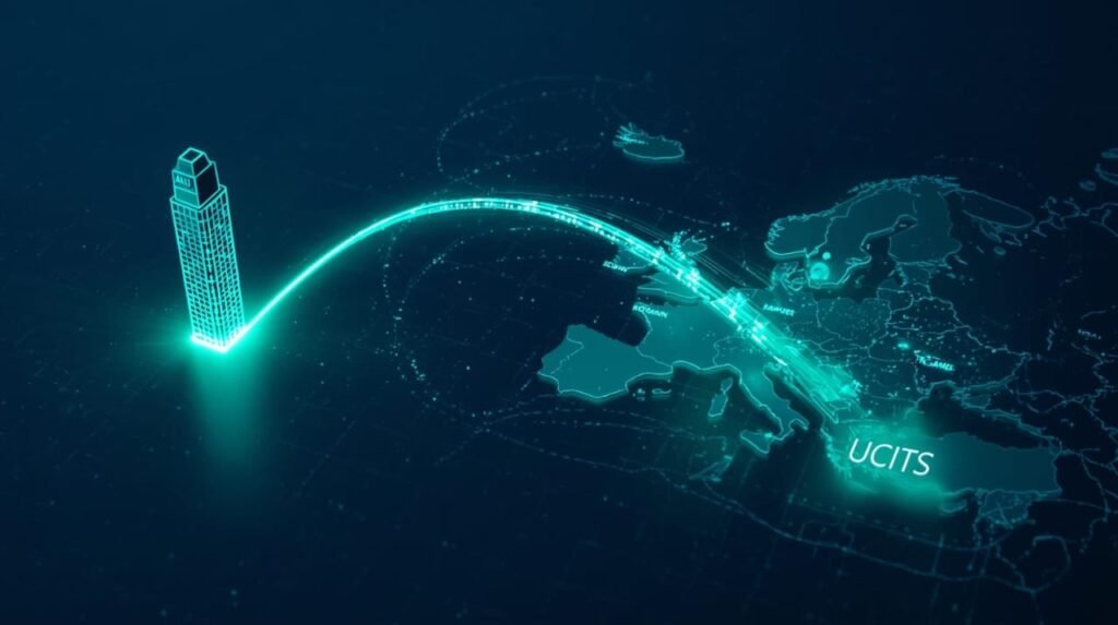 Digital map showing a data flow from a financial building (USA) across Europe, emphasizing the UCITS regulatory framework for Halal ETFs.