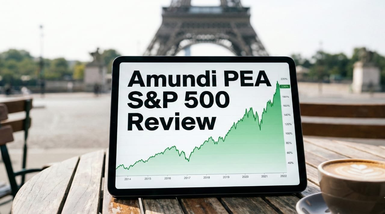 Amundi PEA S&P 500 Review chart displayed on a tablet in Paris