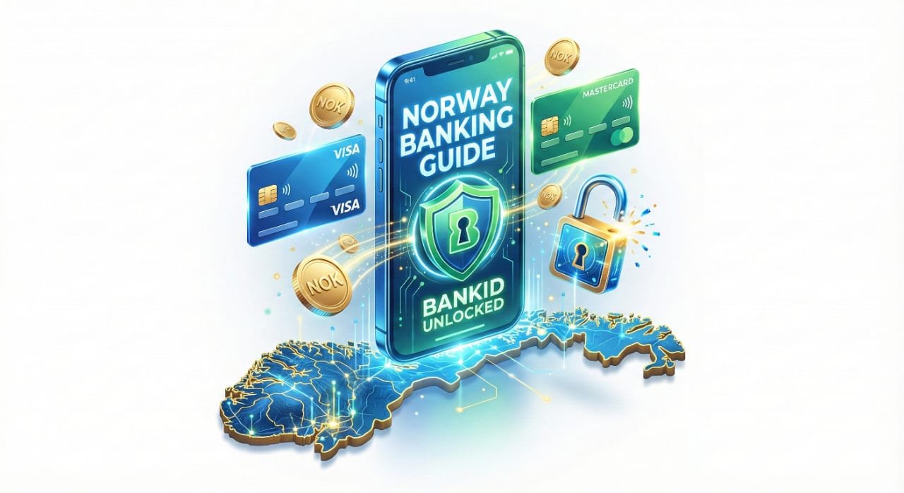 Bank in Norway: A complete 2025 guide for expats featuring Bank ID unlocked and digital banking icons.