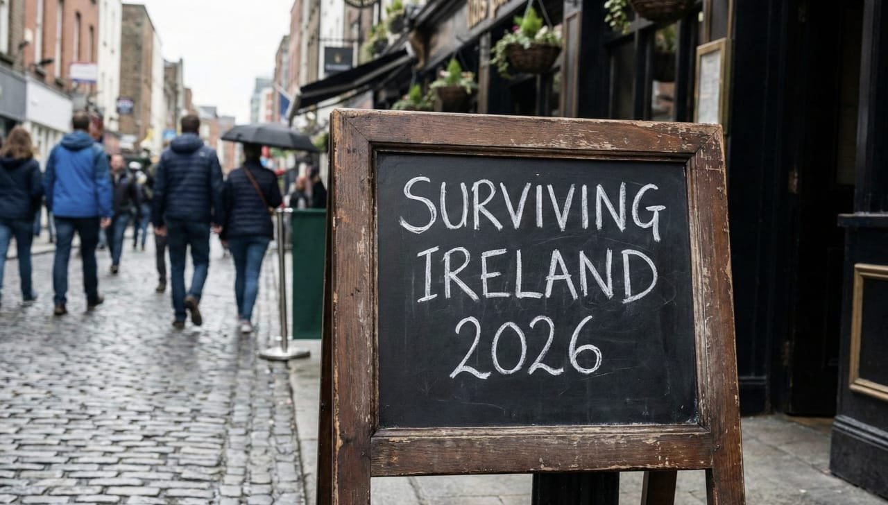 Chalkboard sign on a busy Dublin street reading 'Surviving Ireland 2026', illustrating the guide to the Cost of Living in Ireland for students and expats.