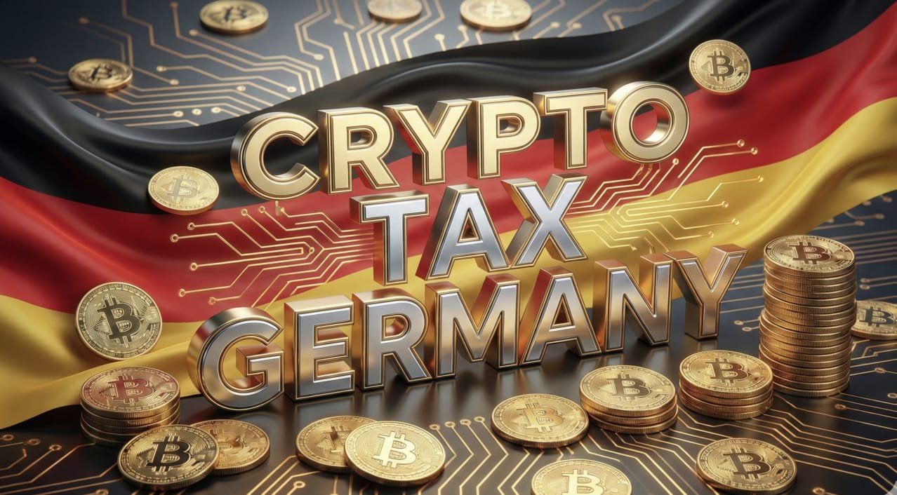 CRYPTO TAX GERMANY' written in gold text, with a Bitcoin coin and circuit board design on a German flag background.