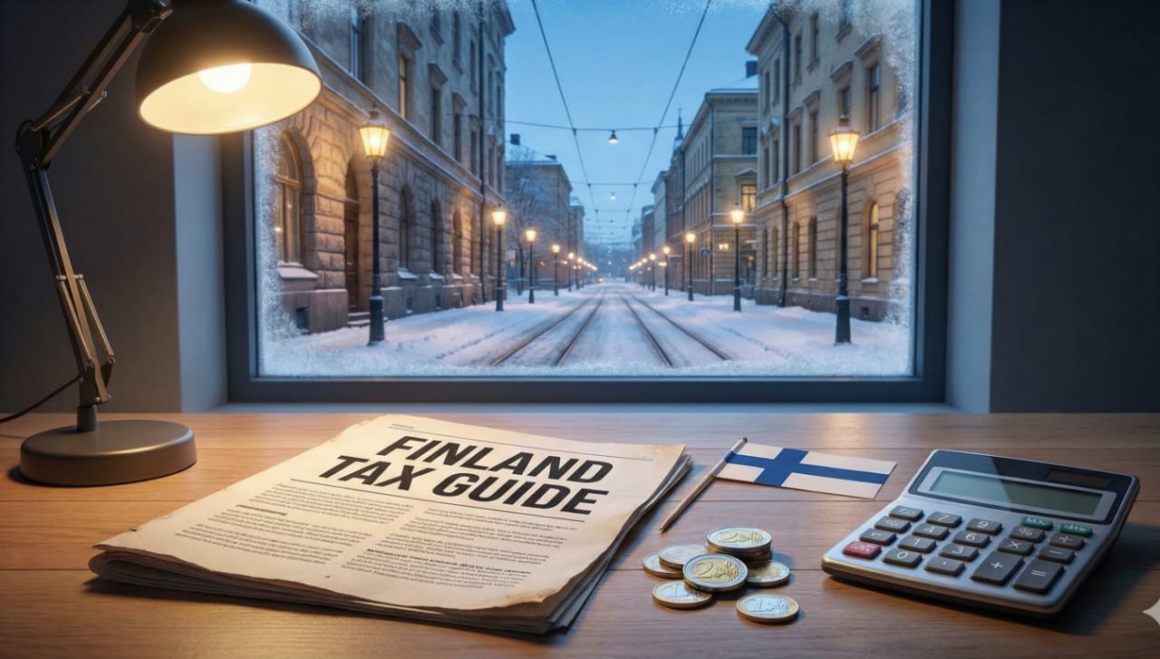Workspace with a Finland Tax Guide document, calculator, and Euro coins used to estimate Finland tax brackets for expats near a snowy Helsinki window.