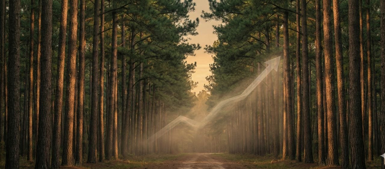 Southern US pine forest with a rising light arrow symbolizing Forest Investment Associates timberland growth and inflation hedging