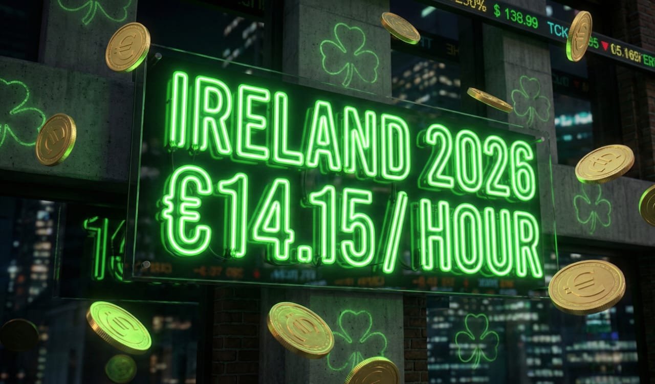 Neon graphic showing the new minimum wage Ireland 2026 hourly rate of €14.15