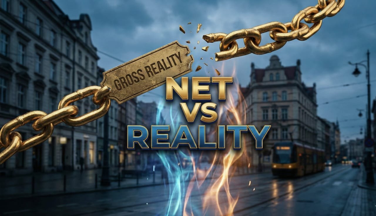 Conceptual illustration showing the Gross vs Net reality of the minimum wage of Poland in 2025.