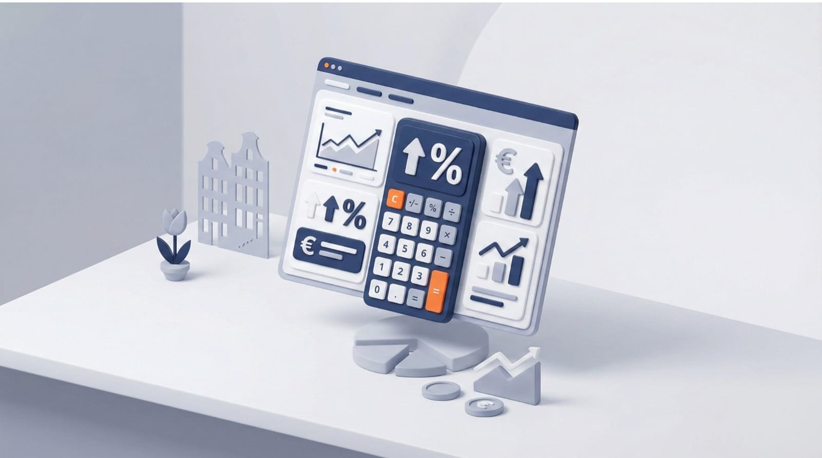 Netherlands 30% ruling calculator 2026 illustration showing tax savings charts and Dutch financial elements