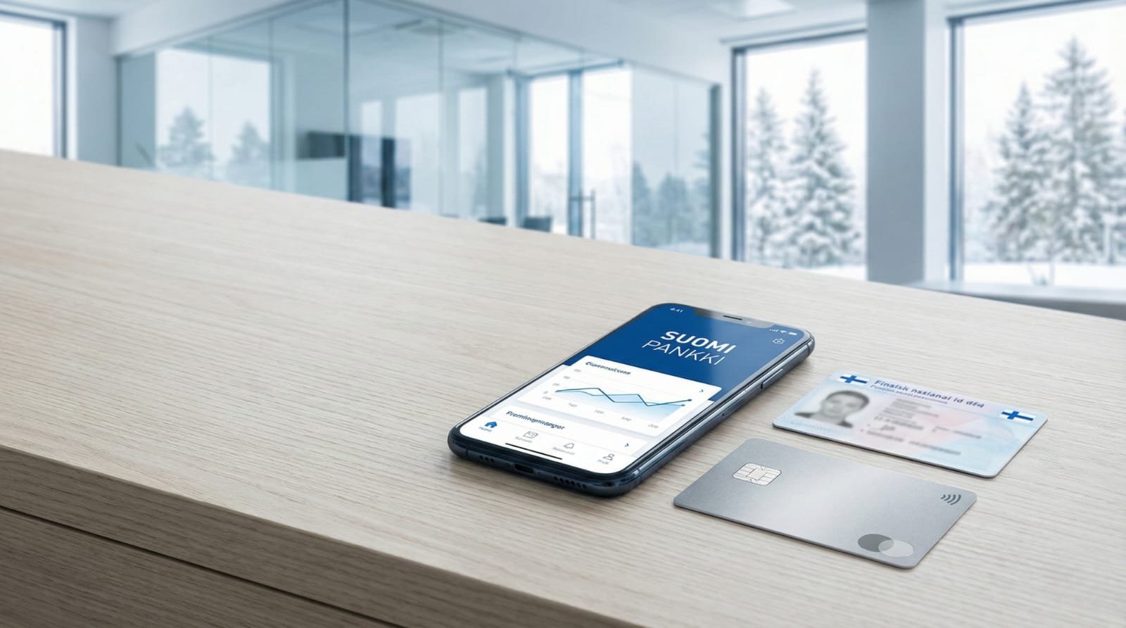 Comprehensive guide to opening a bank account in Finland for foreigners in 2026: Featuring Finnish mobile banking app, credit card, and national identity card on a minimalist Nordic desk.