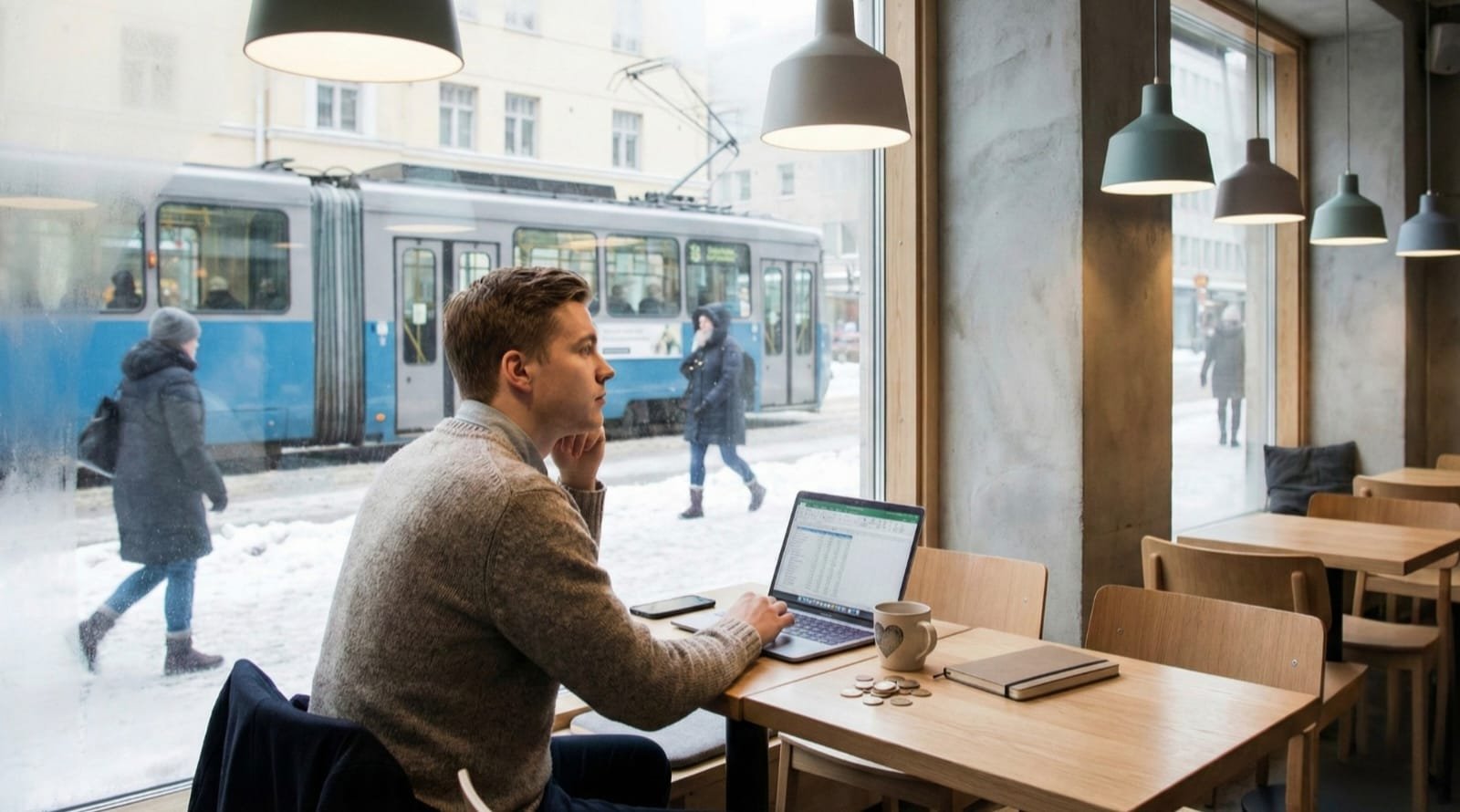 International student calculating cost of living in Finland 2026 on laptop in a Helsinki cafe