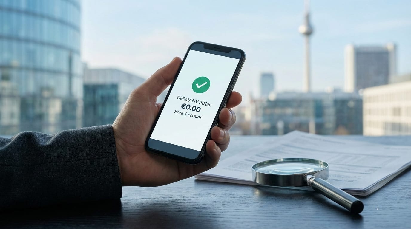 A smartphone displaying a €0.00 free bank account in Germany, with a magnifying glass checking banking fine print in the background.