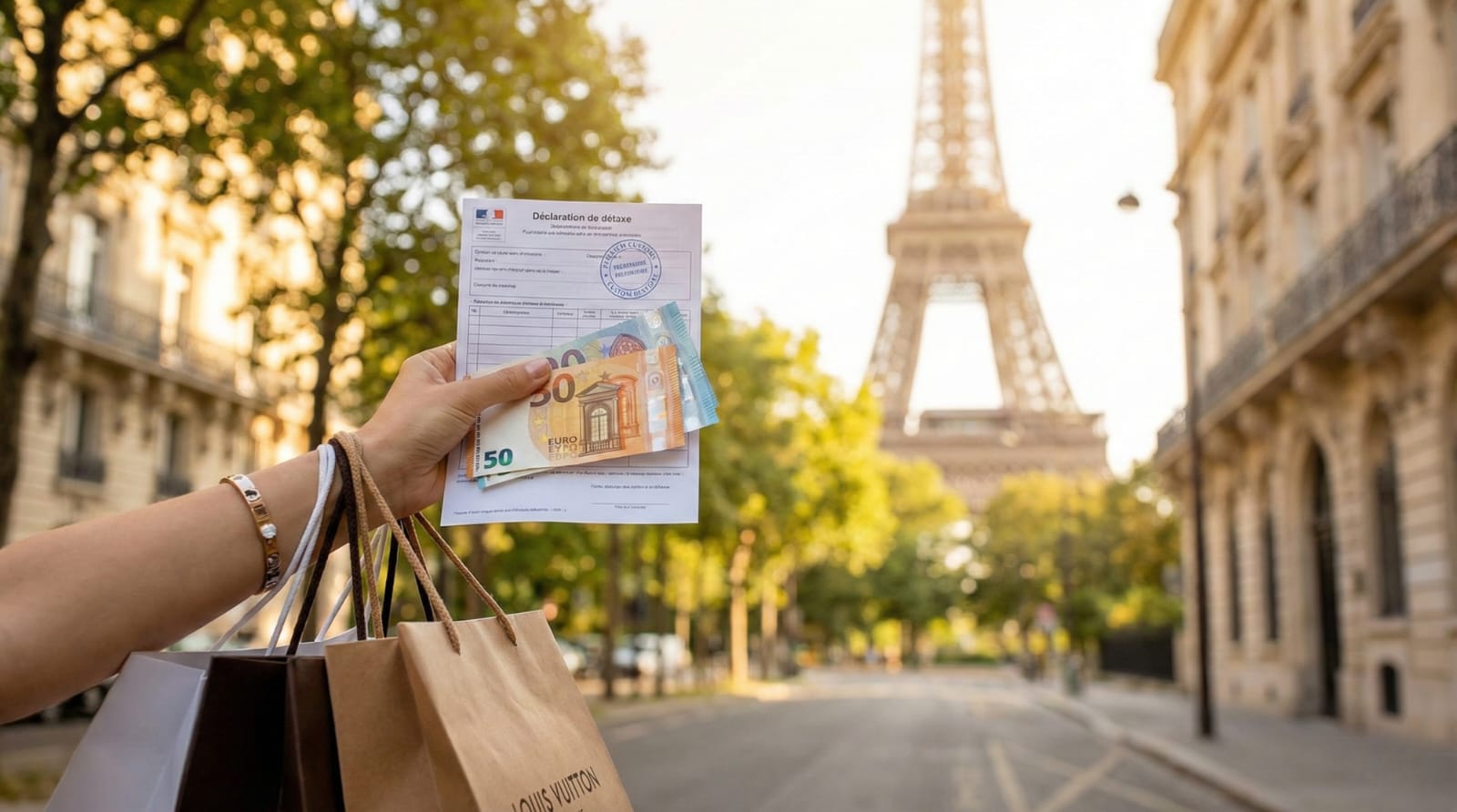 Tourist holding vat tax in France refund forms and euro cash with shopping bags in front of Eiffel Tower Paris