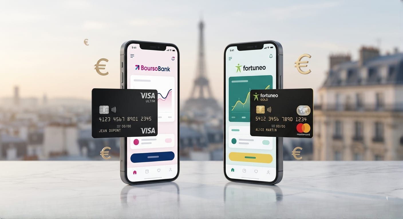 A side-by-side comparison of BoursoBank vs Fortuneo mobile banking apps and premium cards (Visa Ultim and Gold Mastercard) for expats in France.