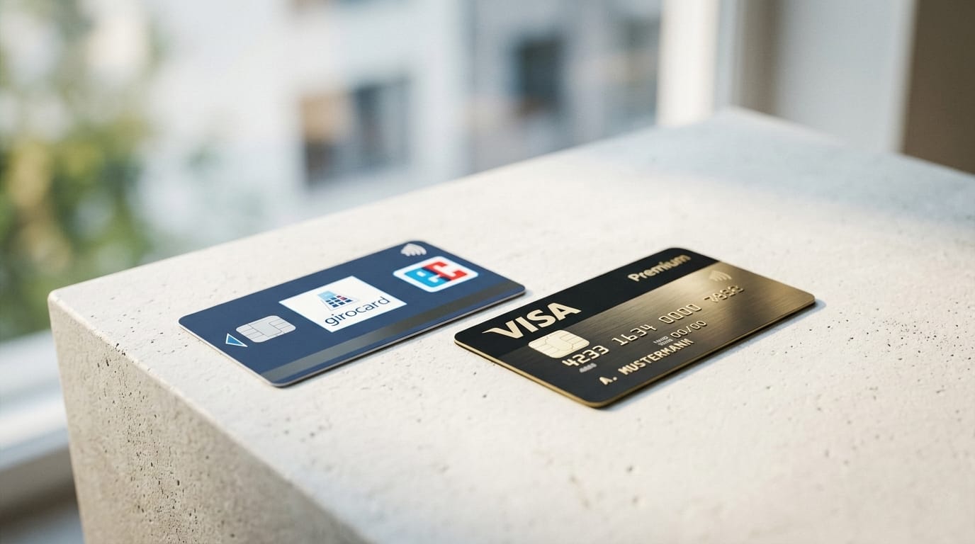 A side-by-side comparison of a traditional German girocard and a real Visa credit in card Germany.