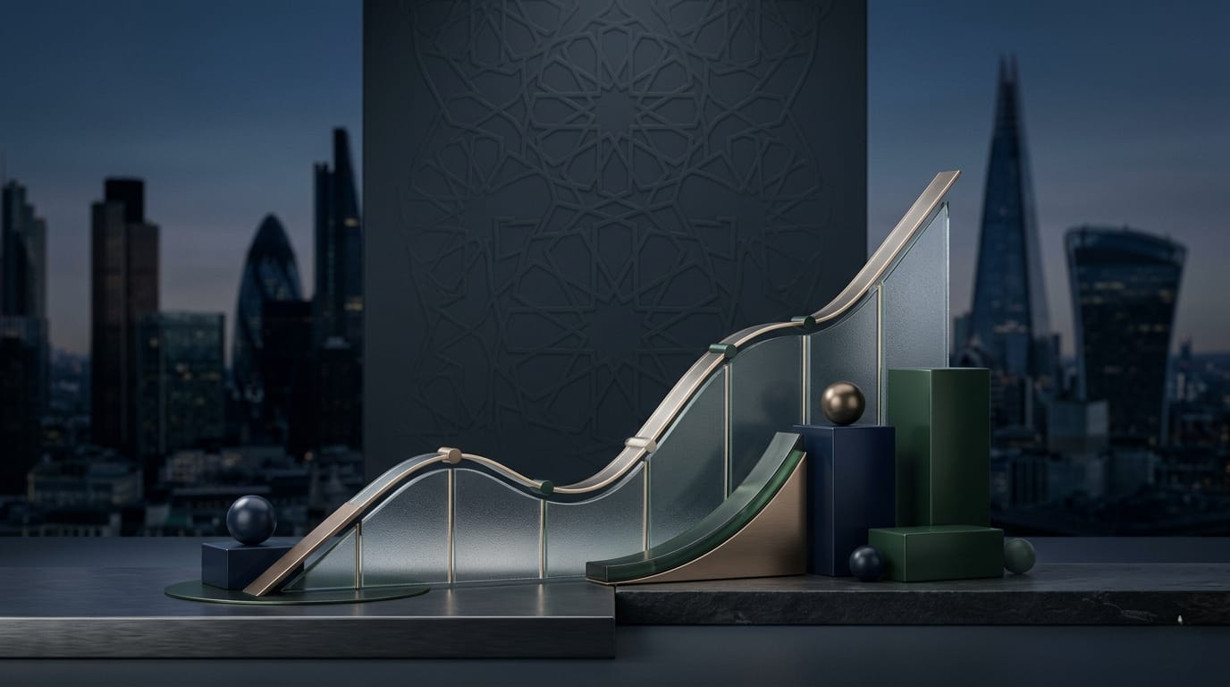 A professional 3D upward-trending financial graph display set against a background of London's financial district skyline and subtle Islamic geometric patterns, representing UK Islamic finance and Halal ETFs UK.