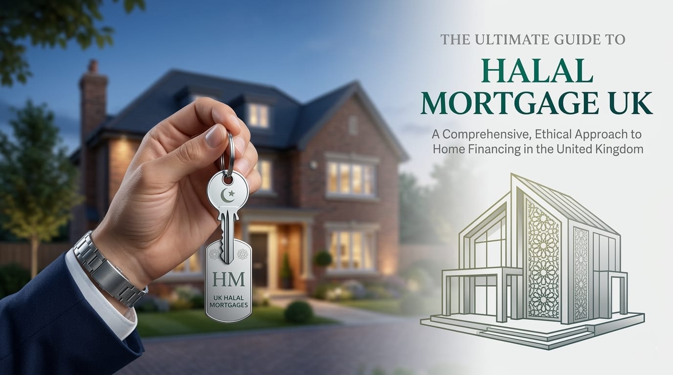A professional holding a house key representing a Halal mortgage UK, with a modern British home and Islamic geometric art in the background.