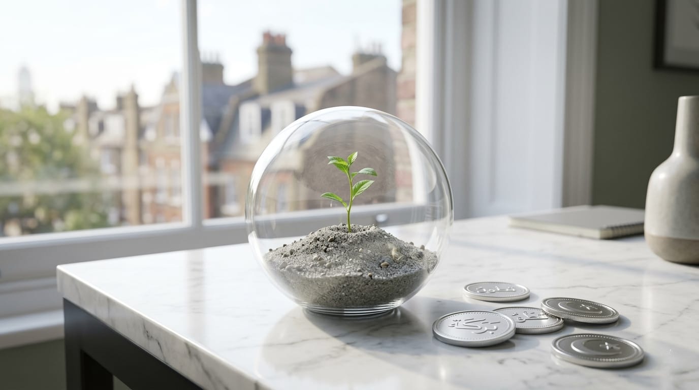 Seedling in a glass globe representing Halal Pensions UK investment, with Islamic silver coins on a marble desk and a London cityscape background.