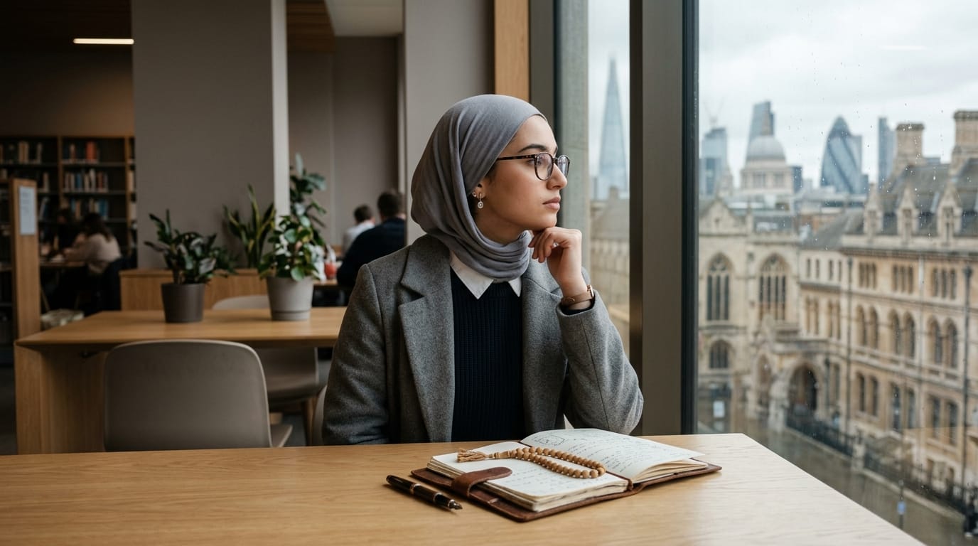 A pensive young Muslim student with a hijab and glasses in a London library, looking out a window while contemplating the question: is student finance haram UK.