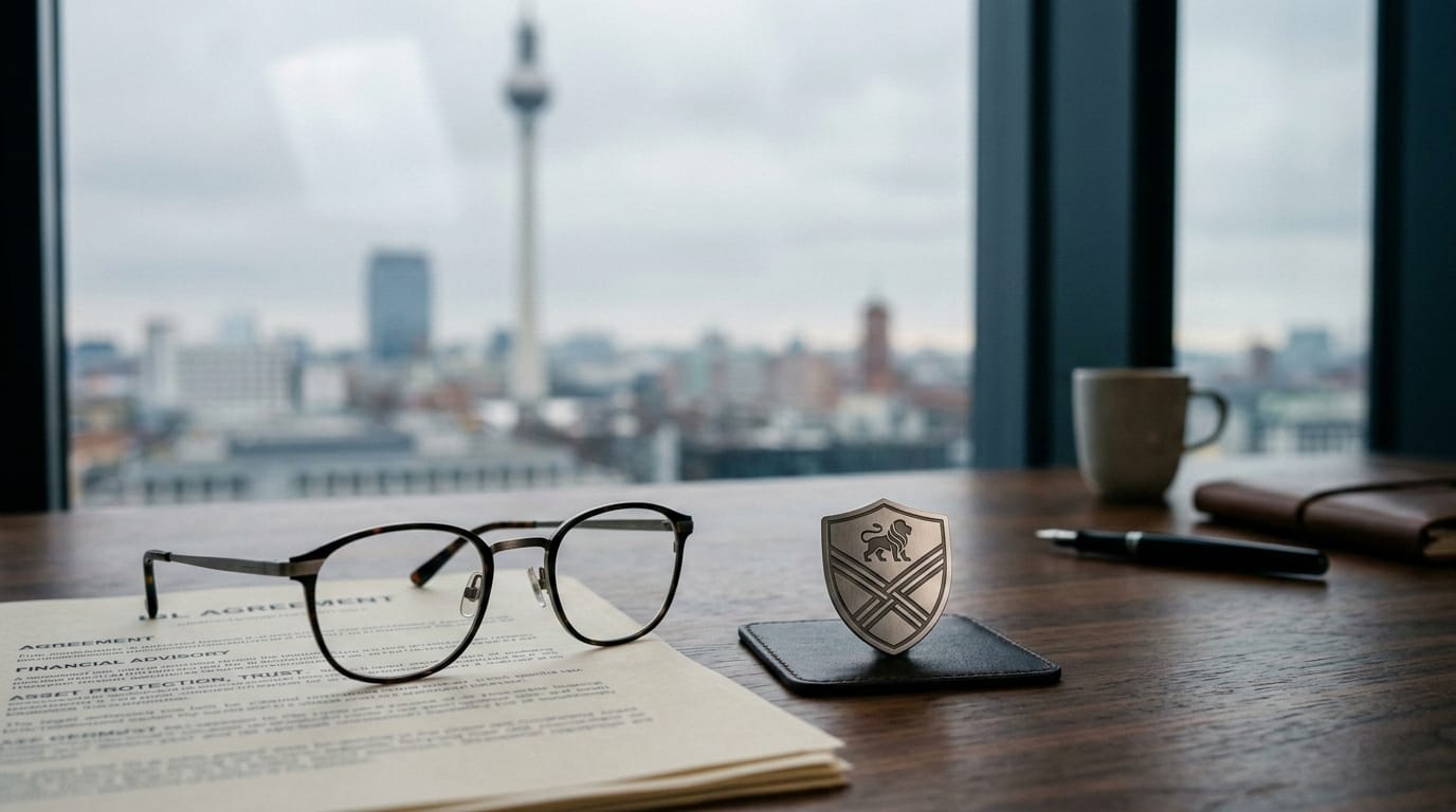 A metallic shield and reading glasses on a legal document representing financial protection through liability insurance in Germany, with the Berlin skyline in the background.