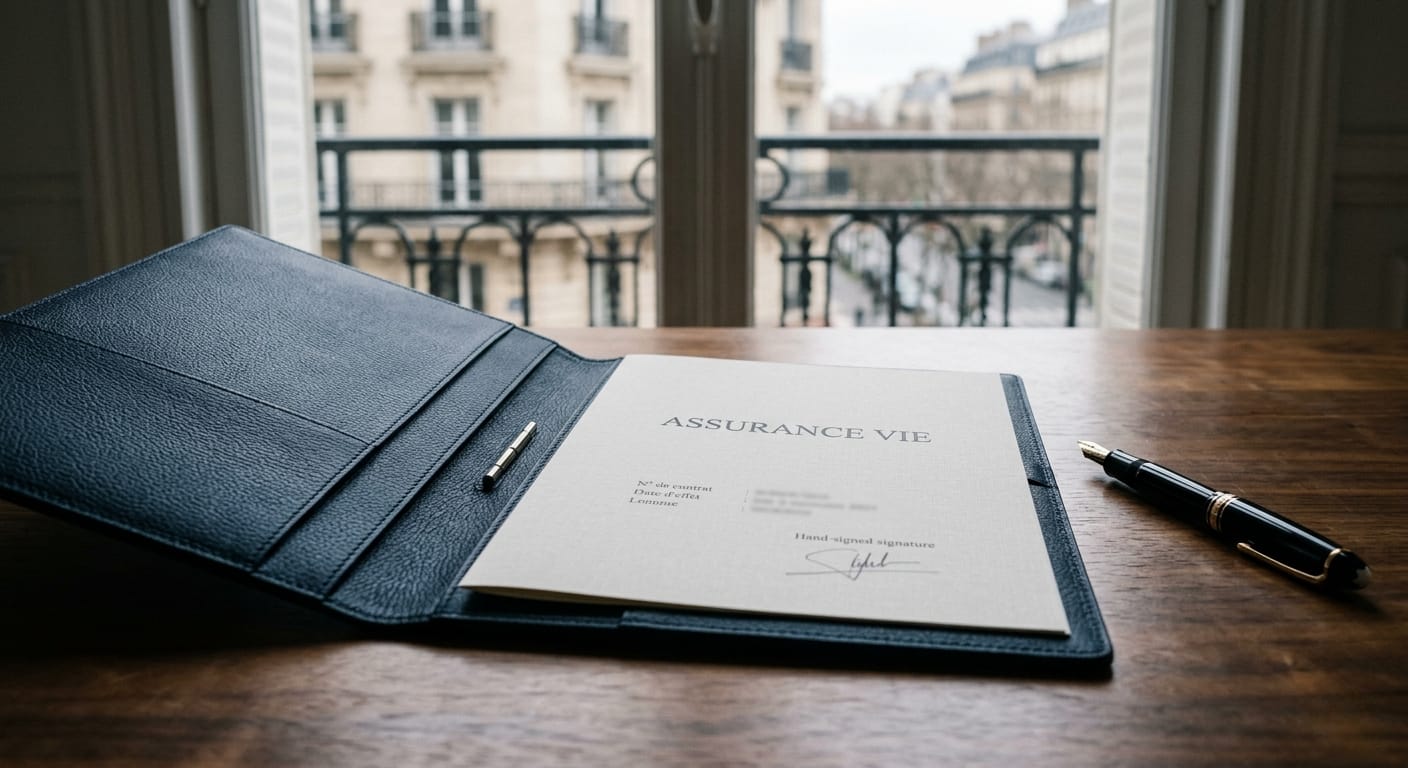 A signed Assurance Vie contract in a leather folder on a desk, representing tax-efficient life insurance in France.