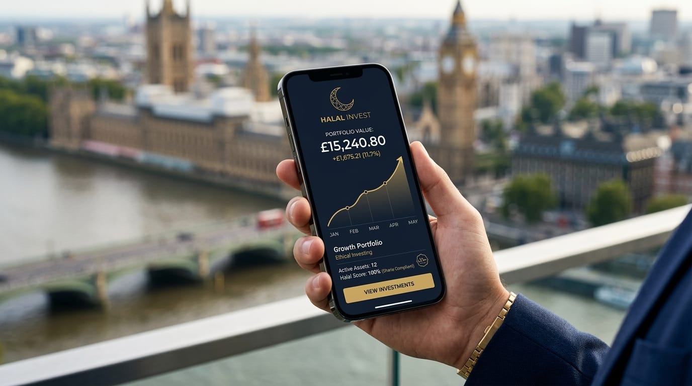 Featured image for a comprehensive Wahed invest review article. It shows a close-up view of a person's hand holding a modern smartphone, with a sophisticated navy and gold Shariah-compliant portfolio interface visible on the screen against a blurred background of the London cityscape including Big Ben.