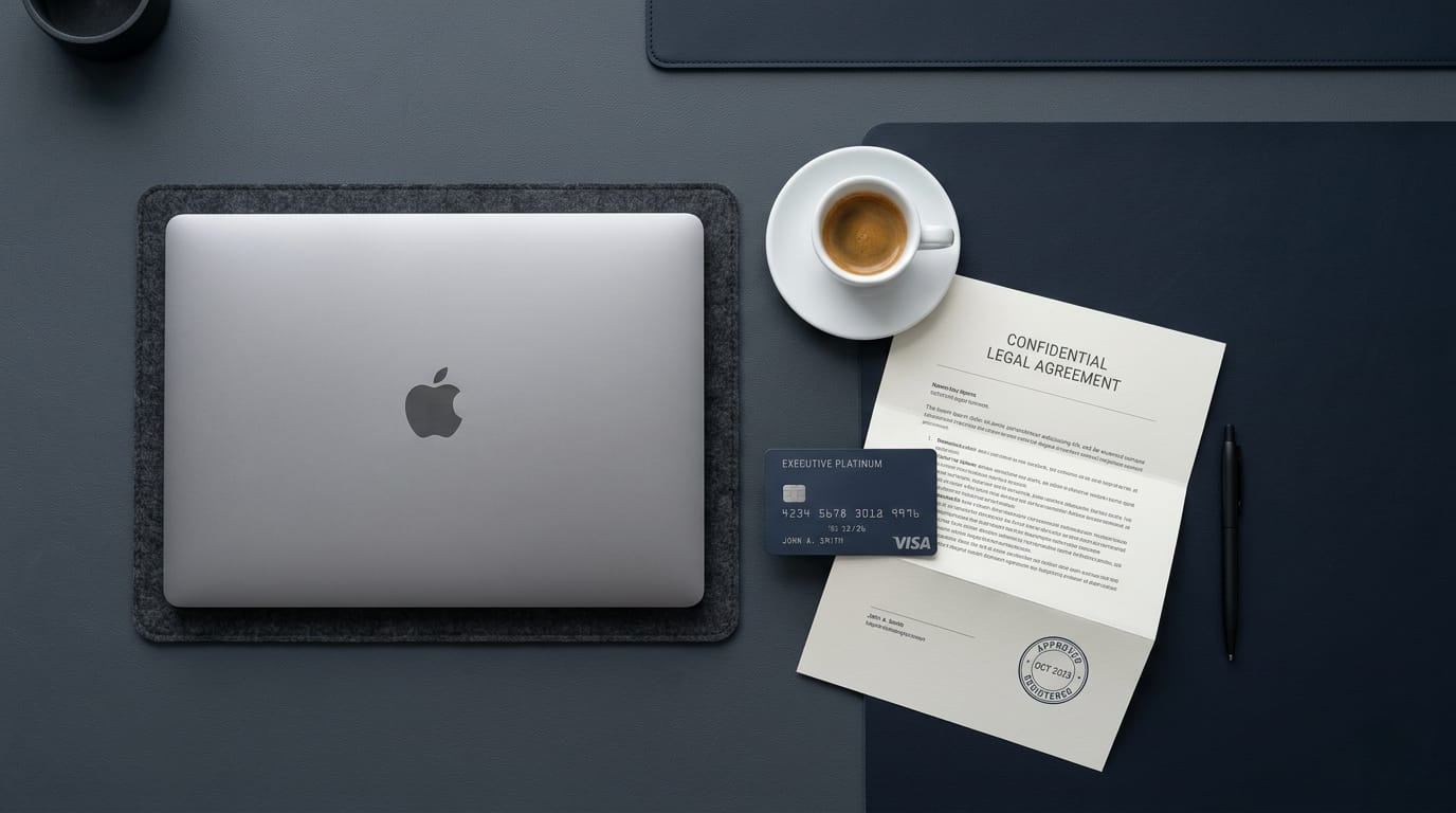 A professional desk setup with a laptop, corporate credit card, and legal documents representing the process of opening a business bank account in France.