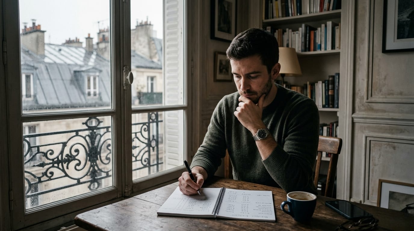 An expat calculating personal expenses and the cost of living in France in a notebook, with Parisian Haussmann buildings visible through the window.