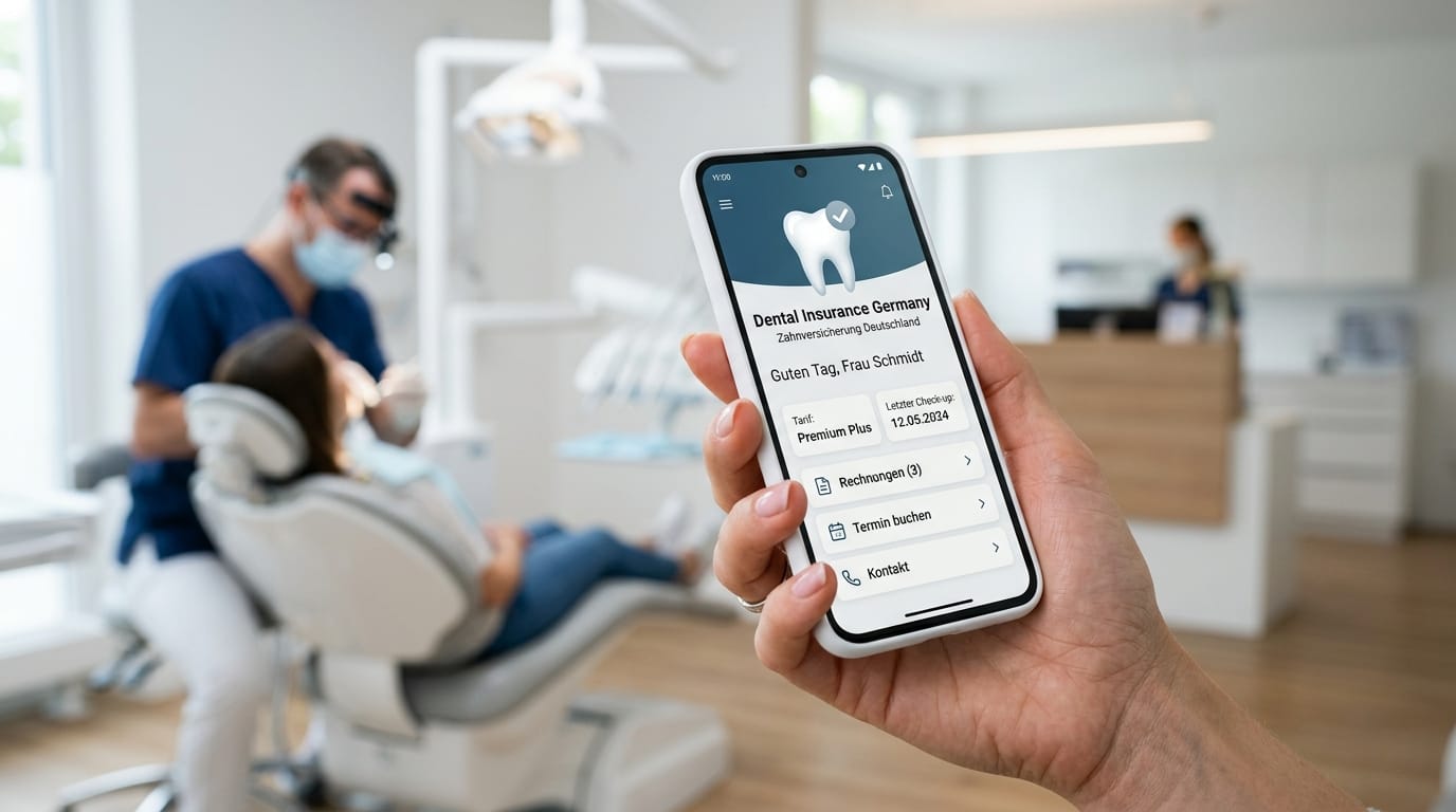 A patient holding a smartphone displaying a digital app for dental insurance in Germany inside a modern dental clinic.