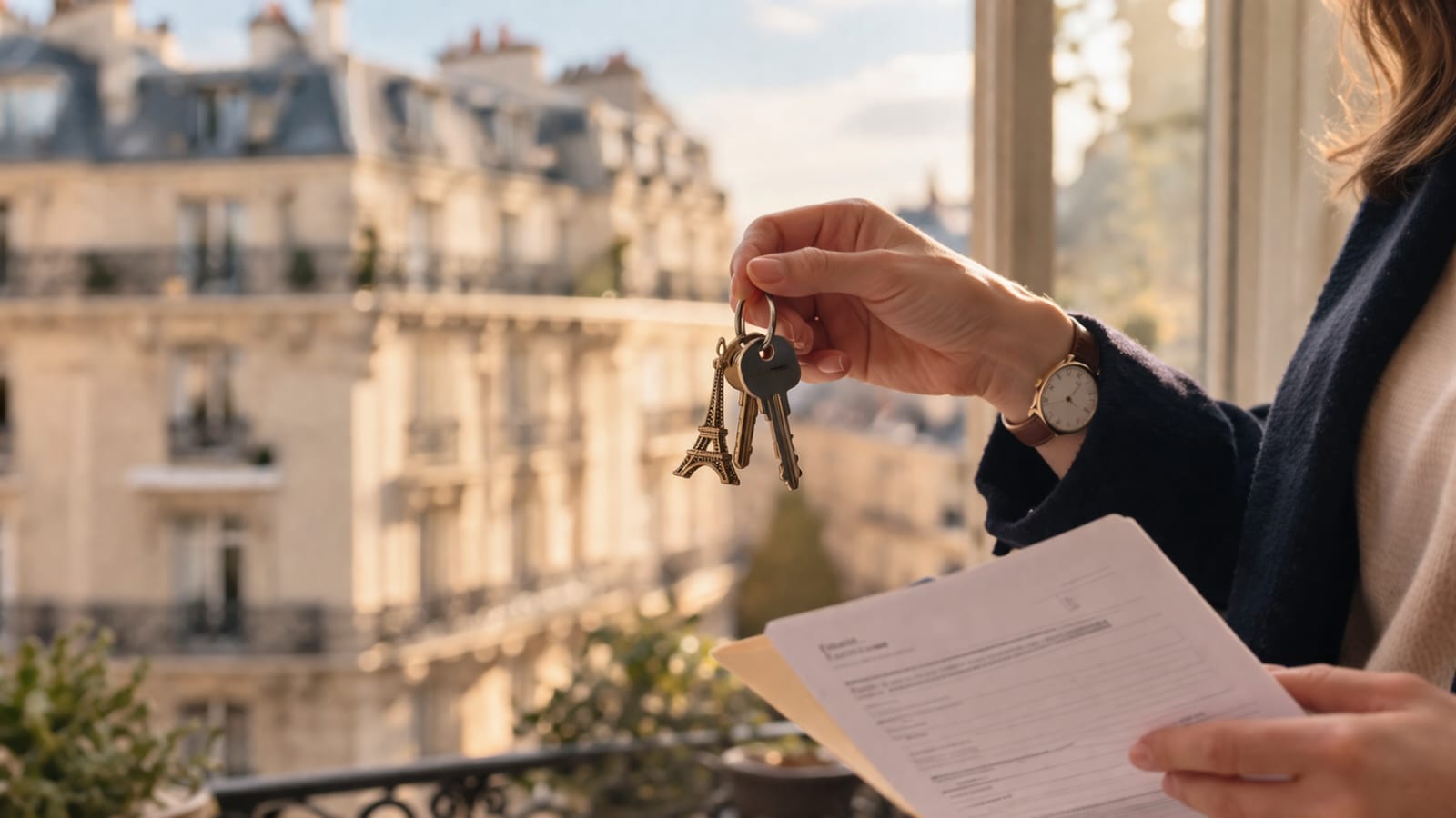 An expat holding apartment keys and a France home insurance document on a Parisian balcony
