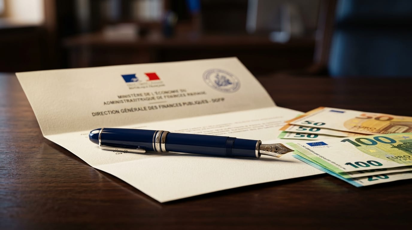 A dark blue fountain pen resting on an official French government document next to Euro banknotes, illustrating the process of filing tax in France for expats.