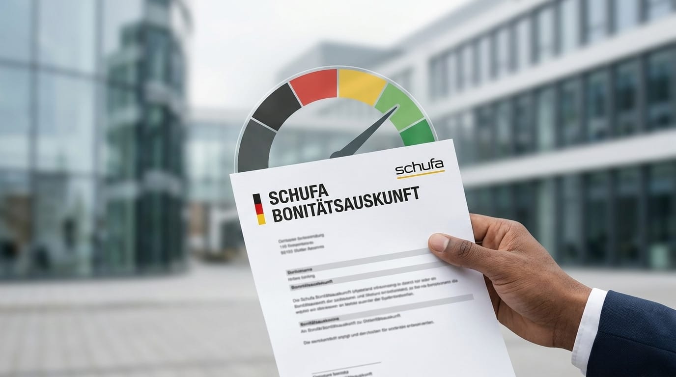 A professional holding the official SCHUFA Bonitätsauskunft document, which represents a positive Schufa score Germany required for expats to rent an apartment.