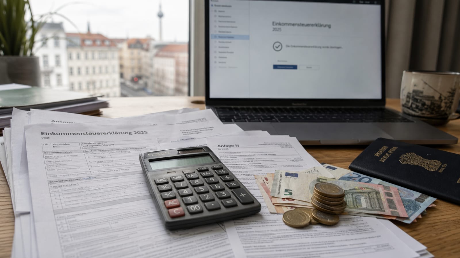 Tax return in Germany: A desk showing printed Einkommensteuererklärung forms, Anlage N, a calculator, Euro money, and an expat passport ready for tax filing.