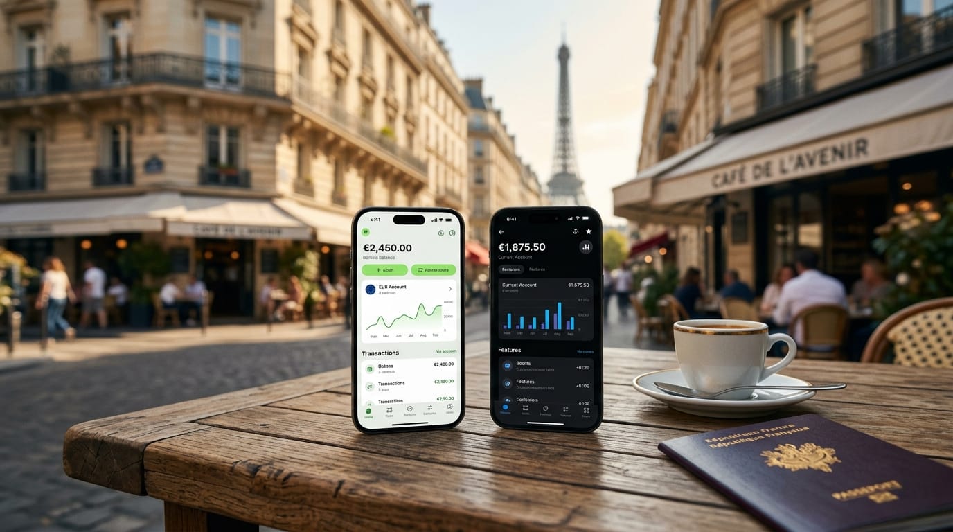 Two smartphones displaying banking apps on a Parisian cafe table, illustrating the Wise vs Revolut France comparison for expats, with a French passport and the Eiffel Tower in the background.