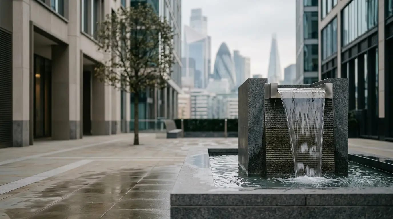 Modern fountain in a London business district representing profitable halal business ideas in the UK.