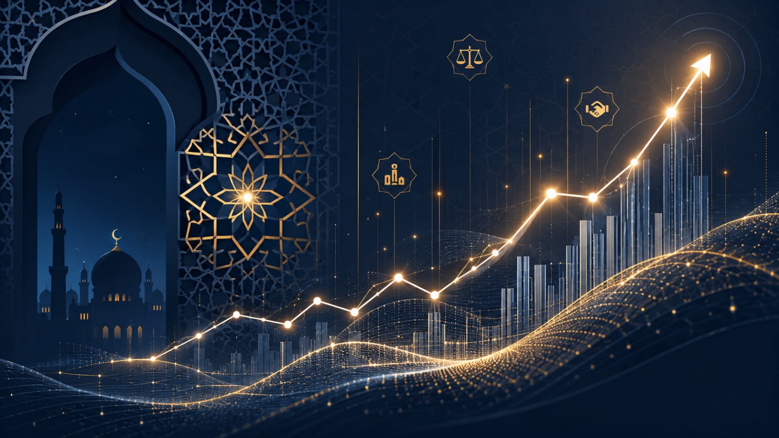 A rising digital financial graph representing the growth of halal business loans UK, featuring Islamic geometric patterns in the background.
