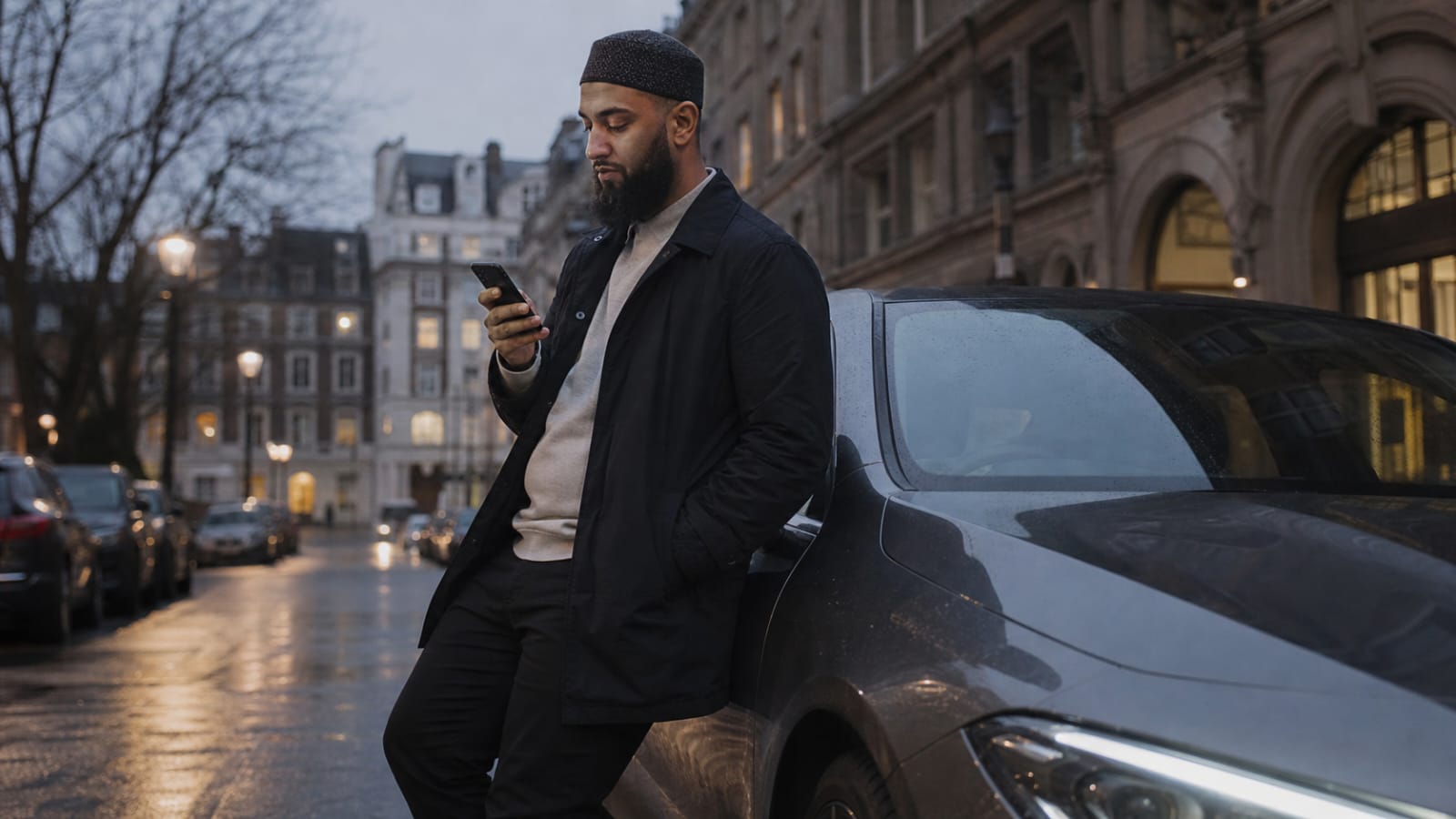A British Muslim driver standing next to his vehicle, searching for Halal Car insurance in UK on his smartphone.